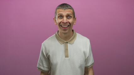 Caucasian man smiling and gesturing enthusiastically against a vibrant pink wall in an isolated setting, captured in mid-action with expressive facial expressions.
