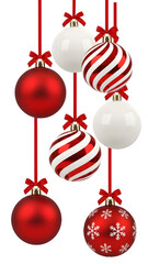 Collection of festive red and white striped and solid christmas ornaments hanging isolated on transparent background