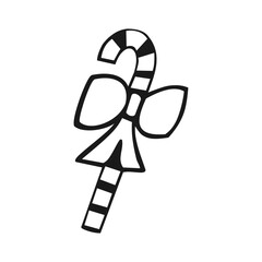 Minimalist Striped Candy Cane with Bow Icon - Black and White Outline Vector