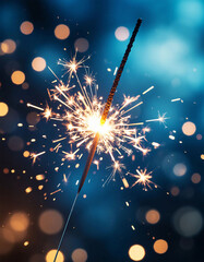 Bright Sparkler with Golden Sparks and Bokeh Lights
