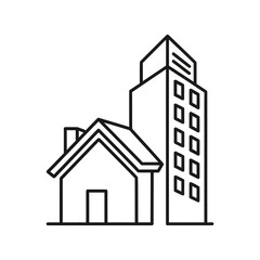 House and skyscraper line art depicting urban development