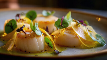 sea scallops presented with vibrant vegetable ribbons and green garnish, representing high-end seafood, fine dining, and gourmet restaurant appetizer presentation.
