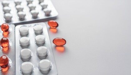 Blisters of medicine pills isolated on green background.