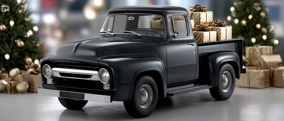 A vintage black truck is parked on a tree-lined street, overflowing with neatly wrapped presents as autumn leaves fall around.
