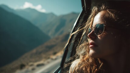A young woman with curly hair looks out of the car window wearing sunglasses. Mountains and a clear sky create a beautiful backdrop on her journey. The sunlight enhances the serene moment.