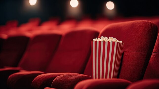 Classic cinema experience: Popcorn in red striped container sitting on theater seat ready for the show