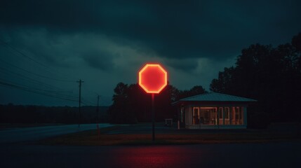 Fototapeta premium Illuminated Stop Sign at Twilight: Urban Safety and Atmospheric Night Scene