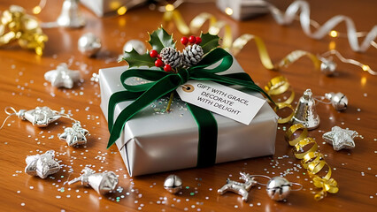 Beautifully wrapped silver Christmas gift with a green ribbon, surrounded by festive ornaments and sparkling confetti on a wooden table, creating a cozy and celebratory holiday atmosphere