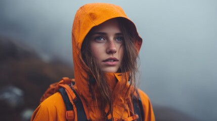 A young woman stands in a misty mountainous area wearing bright orange rain gear. She looks thoughtful as raindrops fall around her. The scene captures the beauty of nature on a rainy day.