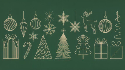 Elegant Christmas ornament set gold line art illustration on green background festive design element for holiday season