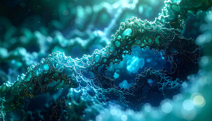 DNA Strand: An abstract depiction of a shimmering DNA strand, rendered with intricate detail and a cool color palette that highlights its complex structure and the essence of life.