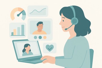 Engaging in remote communication with digital analytics, depicting a confident female professional utilizing technology, fostering connection and collaboration in virtual environments reflecting