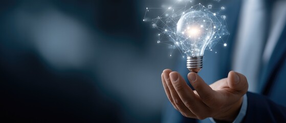 Hand holding a glowing light bulb with connected icons symbolizing ideas and innovation in a dark background