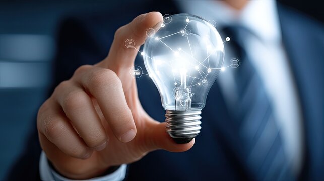 Hand holding a glowing light bulb with connected icons symbolizing ideas and innovation in a dark background