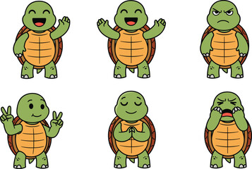 Obraz premium Cartoon turtle character set with emotional expressions and gestures, cute green animal poses for kids, flat vector illustration