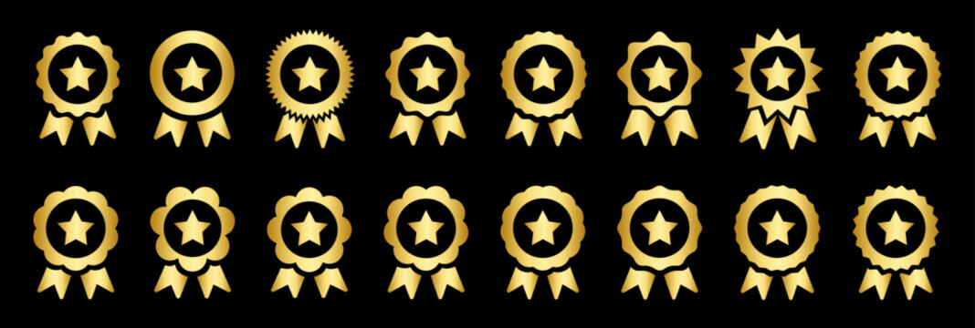 Golden star award badge icon set. Premium prize and achievement symbol with ribbon in glossy luxury style. Vector illustration.