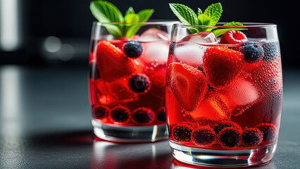 Two refreshing vibrant red berry cocktails with strawberries blueberries raspberries ice cubes and fresh mint leaves in clear glasses dark background