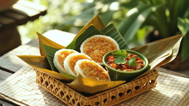Cinematic Video of Traditional Thai Snack Set on Khantoke Tray with Eco-Friendly Packaging