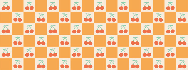 Seamless pastel checkered orange background with cherri. A cute retro pattern perfect for summer day designs, textiles, scrapbooking and digital textures.