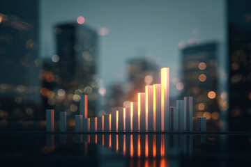 Golden data bars rising over futuristic city skyline, representing digital finance, growth, analytics, and innovation concept.