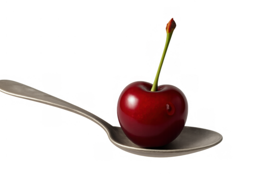 Fresh red cherry with stem and water drop resting on a metallic spoon, showing healthy fruit and sweet food on transparent background - Powered by Adobe