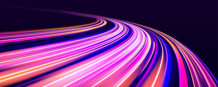 Sharp digital curves twist through a glowing cyber grid. Intense pink and cyan rays sweep forward like accelerated signals. The illuminated lines convey futuristic network power.
