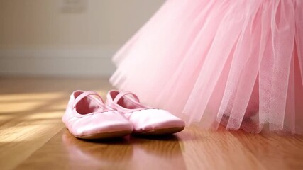 Elegant pink ballet shoes and soft tulle tutu, resting on a wooden floor