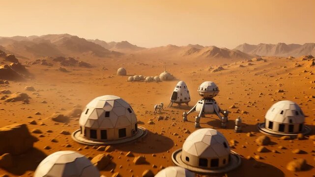 Crew in spacesuits builds a new habitat on planet Mars. Camera pulls back from the landing site to reveal the full scale of the planetary settlement.