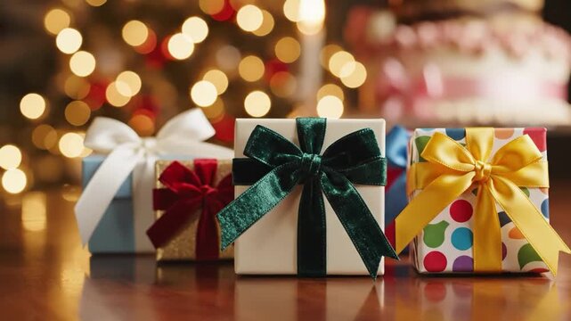 Hand placing a gift box among several wrapped presents with bokeh lights