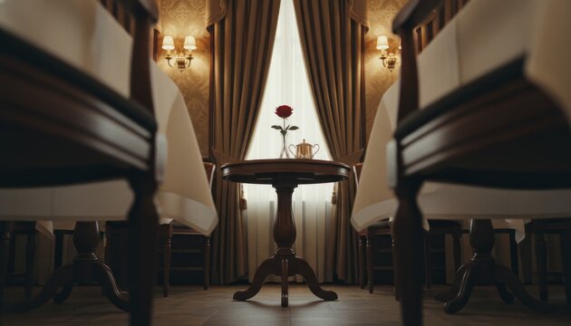 Elegant restaurant table set for two with a single red rose in a vase, viewed from a low angle in a classic, romantic interior with warm, moody lighting