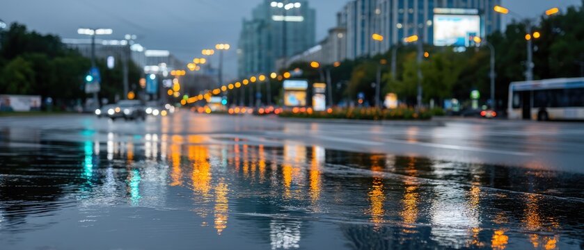 Reflection of street lights in a puddle during a rainy night in a modern urban area