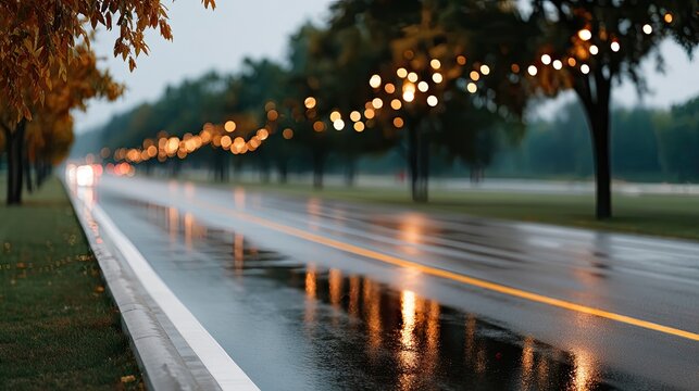 Reflection of street lights in a puddle during a rainy night in a modern urban area