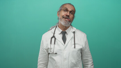 Man doctor, middle age with hoary long hair and glasses, wearing white coat and stethoscope,...