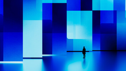 Silhouette of a man against a digital blue geometric background