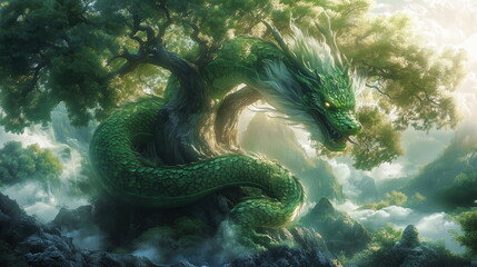 Majestic dragon emerges from ancient tree enchanted forest fantasy artwork serene atmosphere close-up view