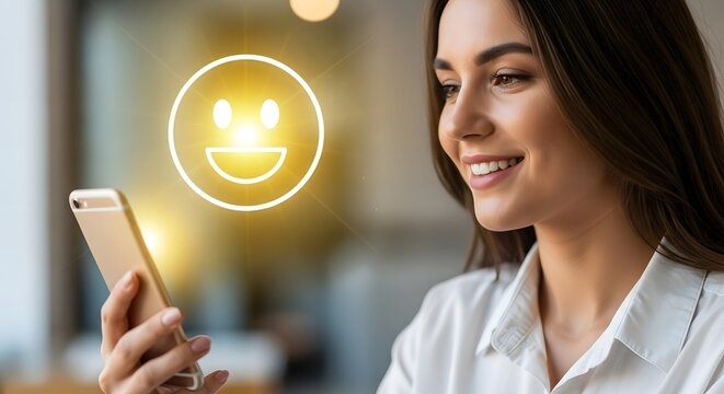 Young Woman Smiling While Using Smartphone with Happy Emoticon Overlay.