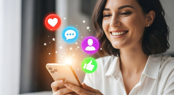 Young Woman Smiling While Using Smartphone with Social Media Icons Floating.