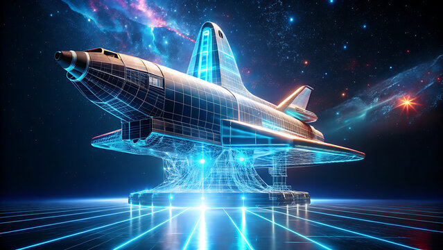 Futuristic space shuttle with digital design elements against a starry sky