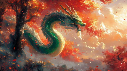 Majestic dragon emerges amidst autumn leaves fantasy landscape digital art enchanted forest aerial view mythical creatures