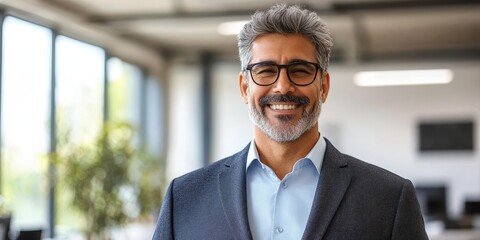 Confident Handsome Businessman in Modern Office Environment Smiling During Professional Presentation
