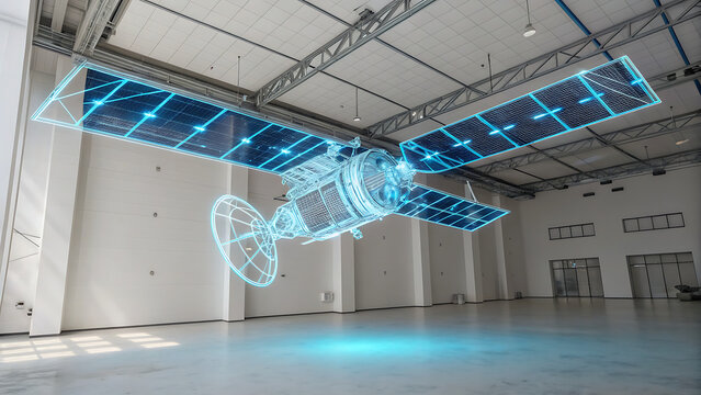 Digital satellite model floating in a large empty white warehouse space