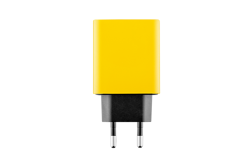 adapter for charger with USB and Type C connector, yellow, on isolated or white background close-up