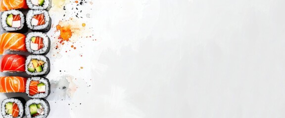 Colorful sushi rolls line the left edge, vibrant fillings peeking through rice and nori. Minimalist design with watercolor splashes invites appetite against clean white space.