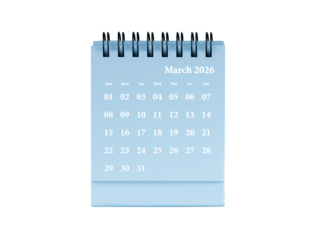 Desktop calendar for March 2026 in blue colour. Mini planner for business and finance, spiral view on isolated white background close up.