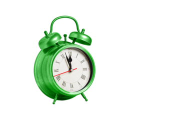 retro clock, pointer clock, green color alarm clock on isolated white background close up