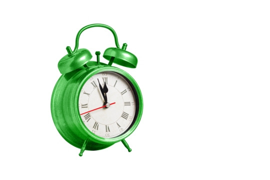 retro clock, pointer clock, green color alarm clock on isolated white background close up