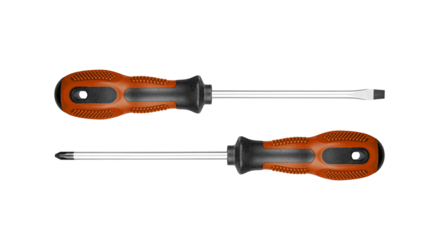 Two screwdrivers, flat and Phillips, are designed for construction work. Their durable handles ensure efficiency in tough environments Brown color on isolated white background close-up