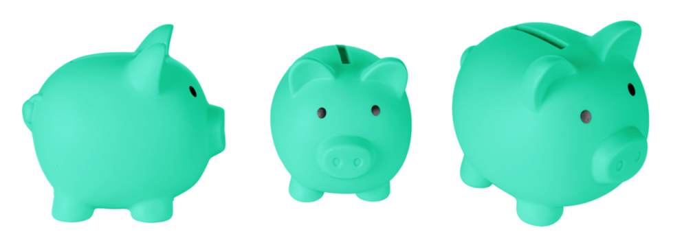 Set Piggy bank pig Green color on isolated white background close up