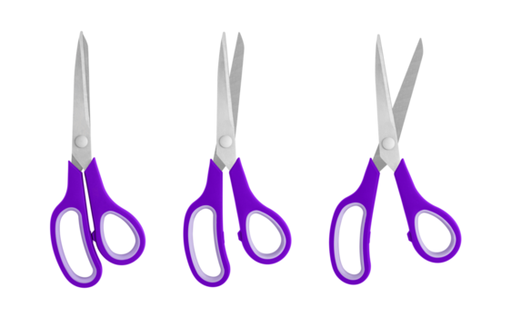 A set of Purple handled scissors shown in closed, half-open, and open positions on a white background. Featuring sharp stainless steel blades and ergonomic grips, ideal for office, craf