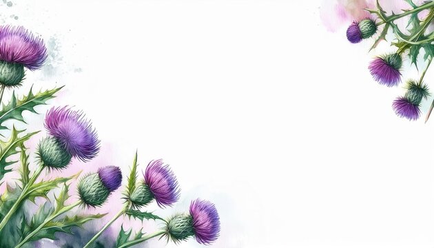 Watercolor thistles with vibrant purple blooms and green spiky leaves on a white background. Delicate brushstrokes create a serene botanical scene.